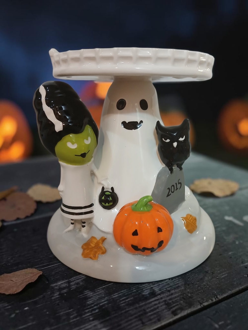 Halloween Ceramic Candle Holder - White with Orange & Black Accents